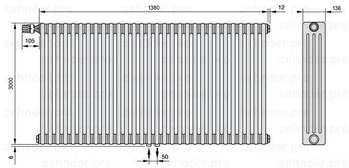 Схема (чертеж) Радиатор Zehnder Charleston 4300/30 №V007 Белый глянцевый RAL 9016